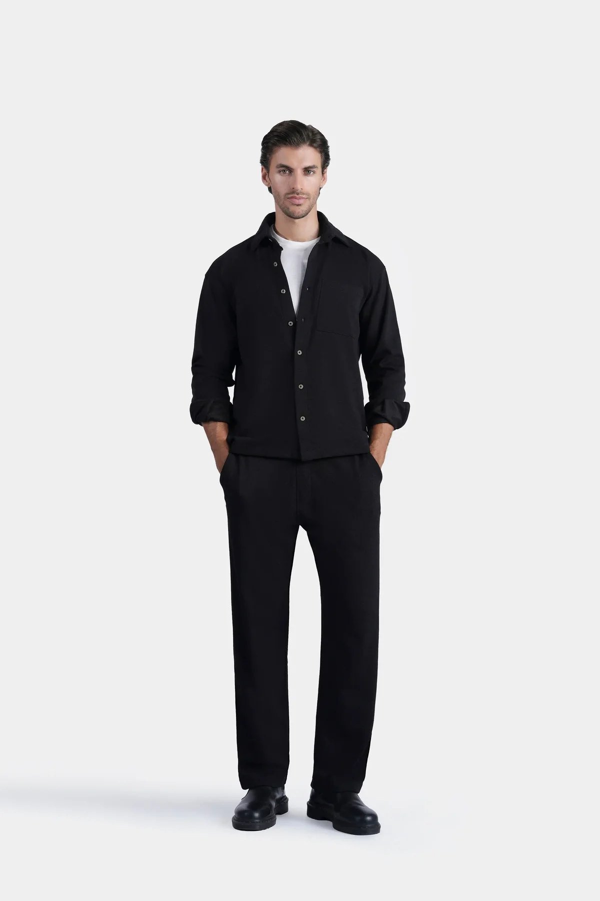 textured overshirt set black